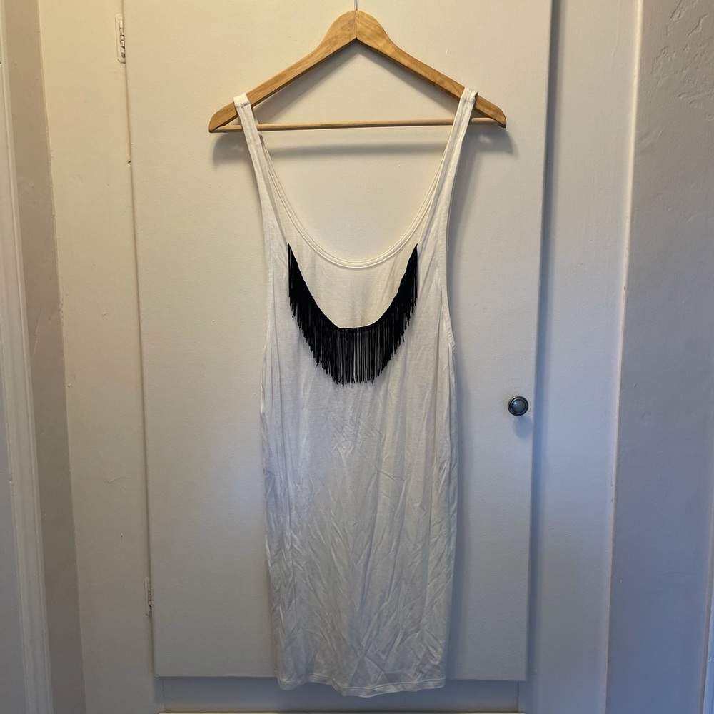 White long OBEY tank with black tassels